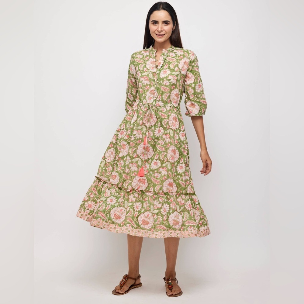 Pacific & Rose Textiles - Hilia Midi Tiered Dress, Pink & Green Floral - Picture 11 of 11